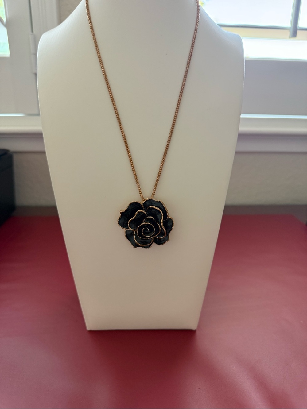 Artisan Gold-Tone Chain with Black Rose Pendant Long Statement Necklace